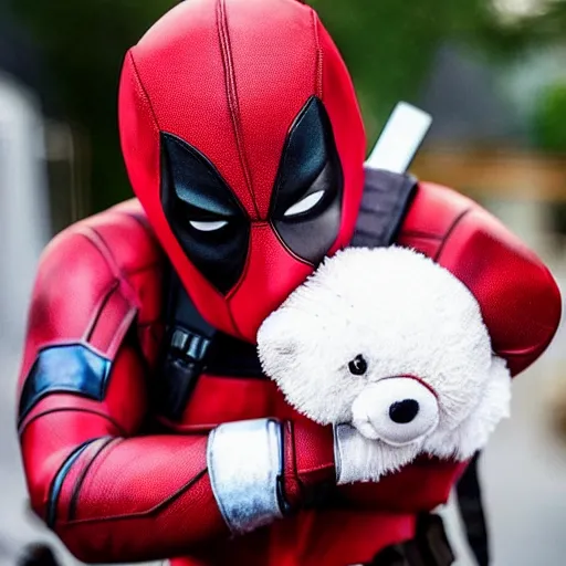 Prompt: a beautiful photo of a plushy deadpool teddy bear, trending on instagram