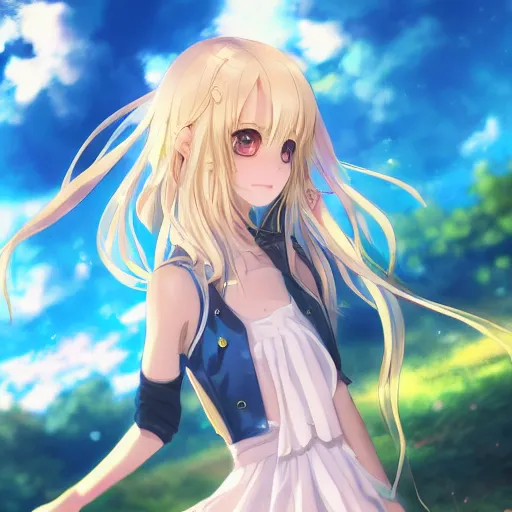 Prompt: a very beautiful anime girl, full body, long wavy blond hair, sky blue eyes, full round face, short smile, golden dress, summer lake setting, cinematic lightning, medium shot, mid-shot, highly detailed, trending on Artstation, Unreal Engine 4k, cinematic wallpaper by Stanley Artgerm Lau, WLOP, Rossdraws, James Jean, Andrei Riabovitchev, Marc Simonetti, and Sakimichan