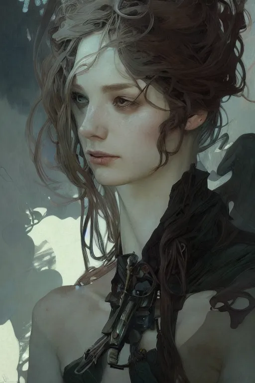 Prompt: A full portrait of a beautiful terrible powerful dystopian blind scriber, intricate, elegant, highly detailed, digital painting, artstation, concept art, smooth, sharp focus, illustration, art by Krenz Cushart and Artem Demura and alphonse mucha