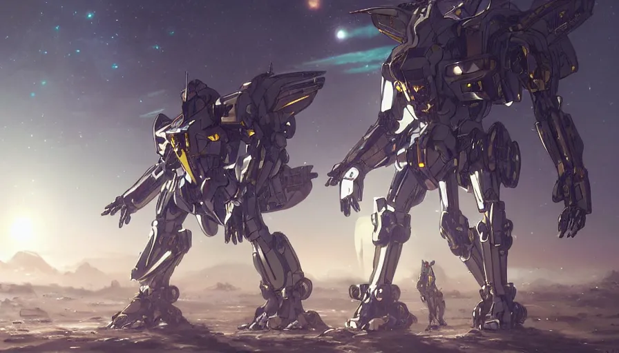 Image similar to large walking mechs and mechsuits covered in reflective gold and silver armor, 'bubblegum crisis' and Japanese mech aesthetic, beautiful moon lit night, many glowing lights, beautiful forests and trees, intricate detail, epic wallpaper, art by WLOP and Jason Chan and darek zabrocki and John Park, trending on artstation, masterpiece.