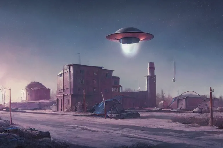 Image similar to a beautiful matte painting of a alien spaceship over the soviet village simon stalenhag and alan bean, trending on artstation, realistic rendering