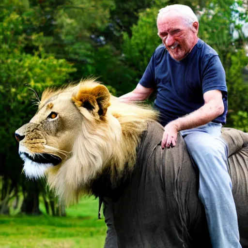 Image similar to old man riding on lions back