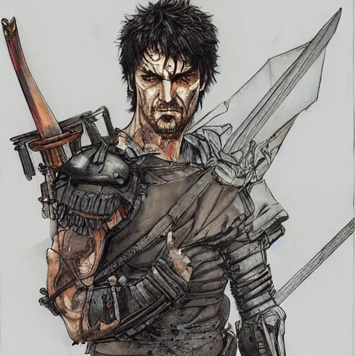 Image similar to self portrait, roman man with battle scar on his chest holding his sword on his shoulder by yoji shinkawa, pencil art, detailed, handsome, colored, bloody