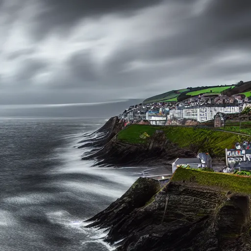 Image similar to the town of aberystwyth with stormy sea, ultrarealism, photorealism, 8 k, wide angle