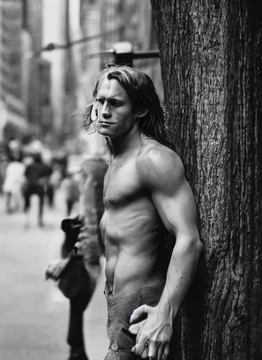 Image similar to portrait of tarzan walk on the street of new york, by charlotte grimm, natural light, detailed face, symmetrical, canon eos c 3 0 0, ƒ 1. 8, 3 5 mm, 8 k, medium - format print, half body shot