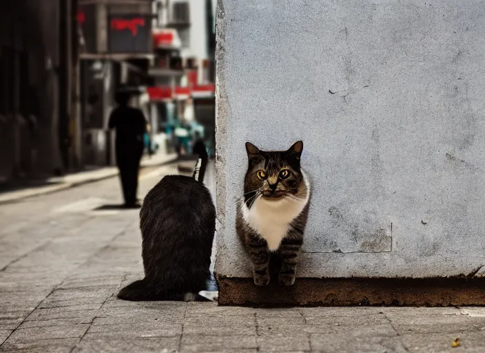 Image similar to photography of a Cat sitting on a box. in a cyberpunk street, award winning photo, 100mm, sharp, high res