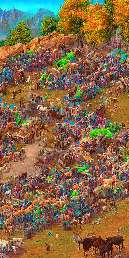 Image similar to a herd of goats in a tall citadel, colorful, beautiful, highly detailed digital painting