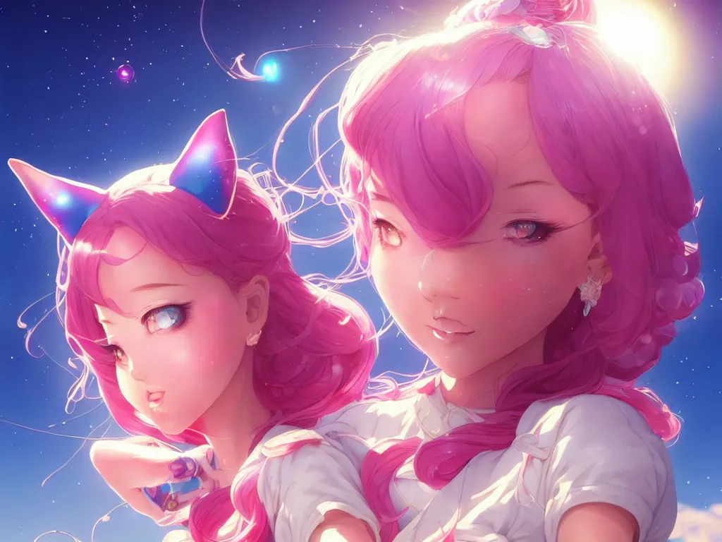 Image similar to bubbly lovely hopefully magical girl flying to the sun set with her kitty, occlusion shadow, specular reflection, rim light, unreal engine, artgerm, artstation, art by hiroaki samura and ilya kuvshinov and ossdraws, high quality, intricate detailed 8 k, fantasy illustration, extremely beautiful and aesthetic shape of face and body, movie poster