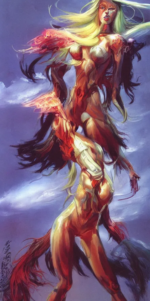 Image similar to an extremely aggressive android monster girl, glowing long hair, thunder clouds, painted by Peter Andrew Jones