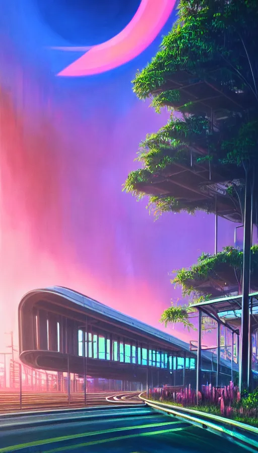 Image similar to a beautiful photorealistic painting of building metro station by john william casilear, gem retrowave meadow vaporwave bladerunner 2 0 4 9 sunset saturn junglepunk reclaimed by nature rainforest landscape poppy darkacademia synthwave, archdaily, wallpaper, highly detailed, trending on artstation.