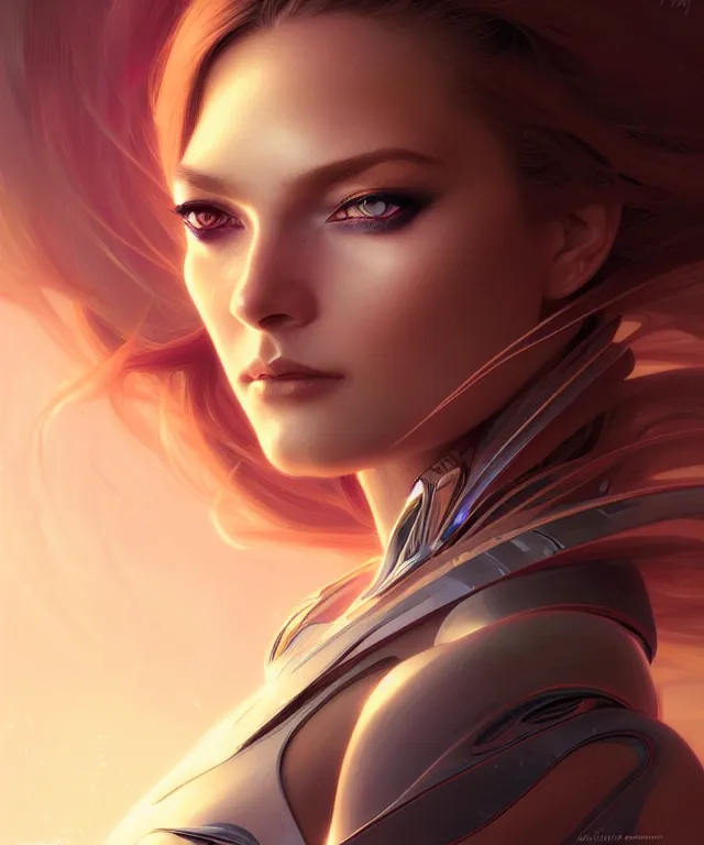 Image similar to futuristic woman portrait, sci-fi, amber eyes, face, long hair, fantasy, intricate, elegant, highly detailed, digital painting, artstation, concept art, smooth, sharp focus, illustration, art by artgerm and greg rutkowski and alphonse mucha