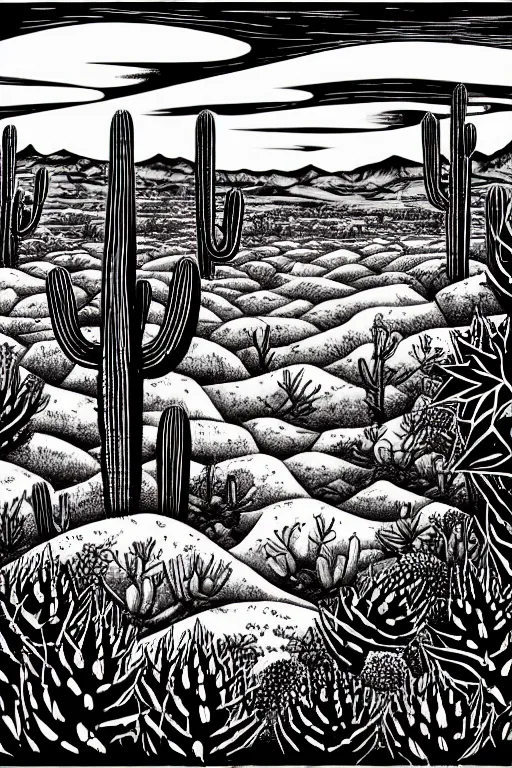 Prompt: art by brian reedy, a dream like black ink linocut print of a desert with a few cacti here and there, 8 k, frostbite 3 engine, cryengine, dof, trending on artstation, digital art, crepuscular ray