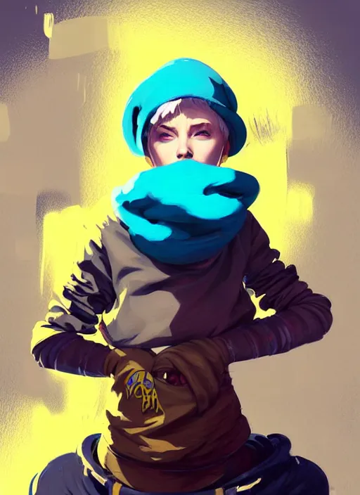 Image similar to highly detailed portrait of a sewer punk lady student, blue eyes, tartan hoody, hat, white hair by atey ghailan, by greg tocchini, by jesper ejsing, gradient yellow, black, brown and cyan color scheme, grunge aesthetic!!! ( ( graffiti tag wall ) )