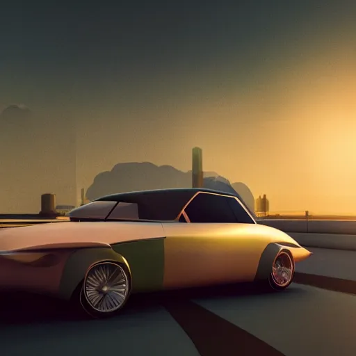 Prompt: a car made of retrofuturistic design, sunset, hazy, volumetric lighting, rtx on, washed out dark colors, an award - winning digital render, beautiful, stunning, ultradetailed, great composition