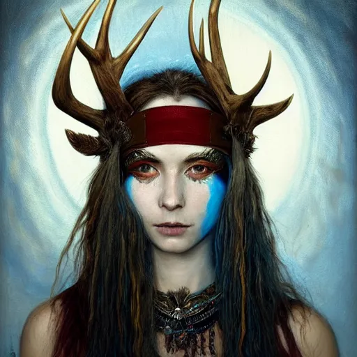 Prompt: a young female shaman, blue hair and antlers on her head. blindfolded, heilung, in the style of heather theurer, headshot photoshoot, insanely detailed and intricate, beautiful, elegant, cinematic toplight, portrait, headroom, artstation, karol bak, karol bak, karol bak