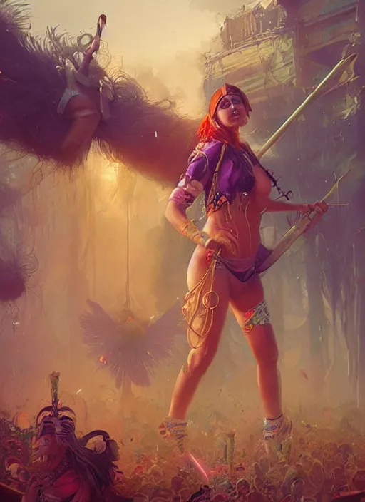 Prompt: hyper realistic photography of festival warrior curvy girl saturated colors, cinematic, greg rutkowski, rowena morrill, juan gimenez