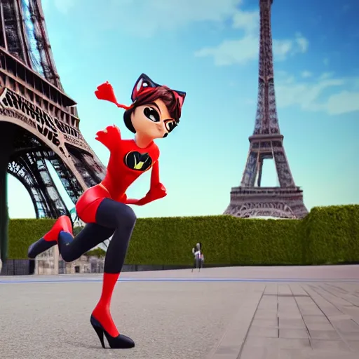 Image similar to dynamic angle of superheroe Marinette Dupain-Cheng from Miraculous: Tales of Ladybug & Cat Noir action pose in front of the eiffel tower, octane render, close-up, fresh, sunny day