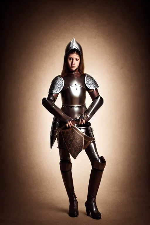 Image similar to female medieval knight, only leather armor, no metal, brown hair, by louis vuitton, luxury materials, symmetrical, cinematic, elegant, professional studio light, real dlsr photography, sharp focus, 4 k, ultra hd, sense of awe, high fashion