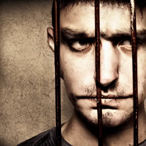 Image similar to sad prisoner using and ipad, prison cell, photorealistic, frustrated expression, dark, hopeless, gloomy