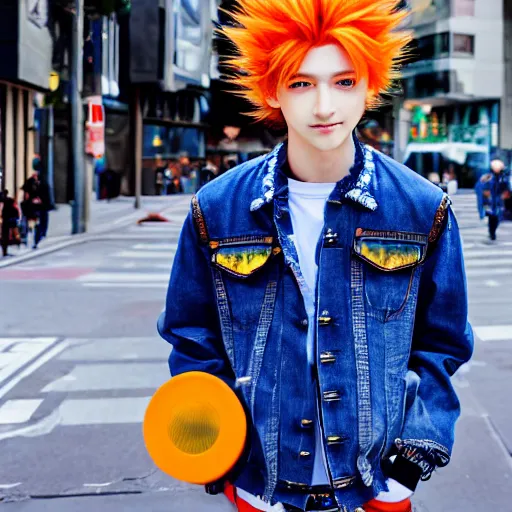 Image similar to orange - haired anime boy, 1 7 - year - old anime boy with wild spiky hair, wearing blue jacket, shibuya street, bright sunshine, strong lighting, strong shadows, vivid hues, raytracing, sharp details, subsurface scattering, intricate details, hd anime, high - budget anime movie, 2 0 2 1 anime