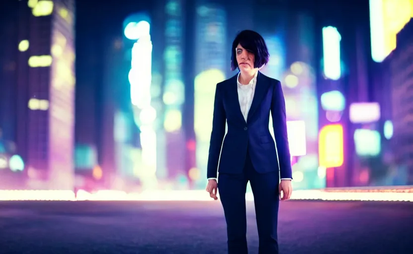 Image similar to a wide shot of a woman with a wool suit, short dark hair, blurred face, wearing an omega speedmaster on her wrist in front of a crowded dystopian city at night with cyberpunk lights