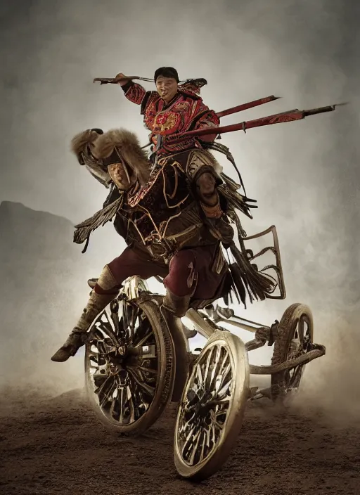 Prompt: old vintage photo of Chinese ancient warriors on the steam punk one wheels, extreme sports photography , dynamic photography, high speed,dirt and grawel flying in the spot, lens flares, dust in the air, moody lighting, intricate, elegant, highly detailed, centered, smooth, sharp focus, Donato Giancola, Joseph Christian Leyendecker, WLOP, Boris Vallejo, Artgerm moody photography, old photo, black and white, sepia, cinematic lighting, cinematic angle, national geographic