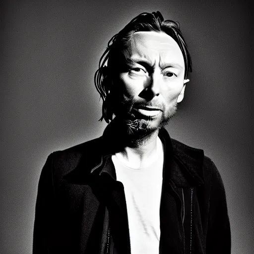 Image similar to Thom Yorke, a man with a beard and a black jacket, a portrait by John E. Berninger, dribble, neo-expressionism, uhd image, studio portrait, 1990s