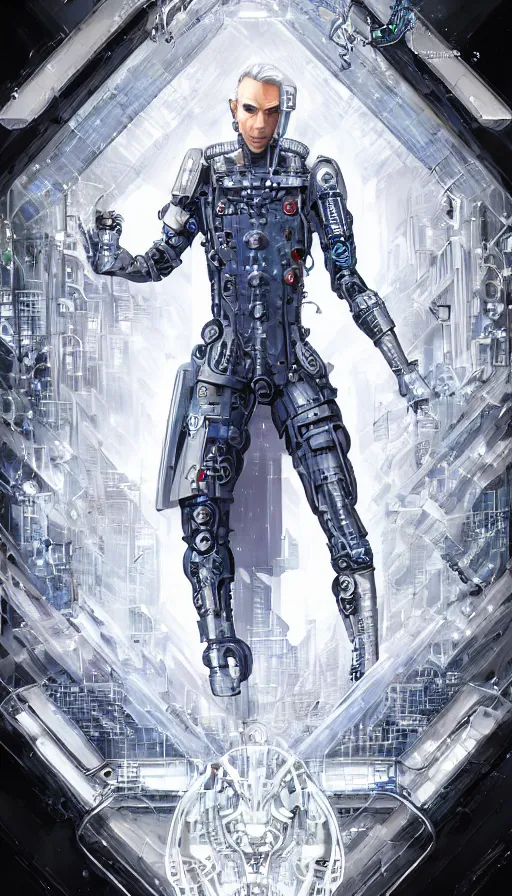 Prompt: full body head to toe portrait of a cyberpunk sci-fi cyborg netrunner bionic man, third person, D&D, sci-fi fantasy, matrix , intricate, white with shiny silver and chartruse fringe highlights, highly detailed, art by Range Murata, highly detailed, 3d, octane render, bright colors, digital painting, trending on artstation, sharp focus, illustration style of Stanley Artgerm, dramatic background