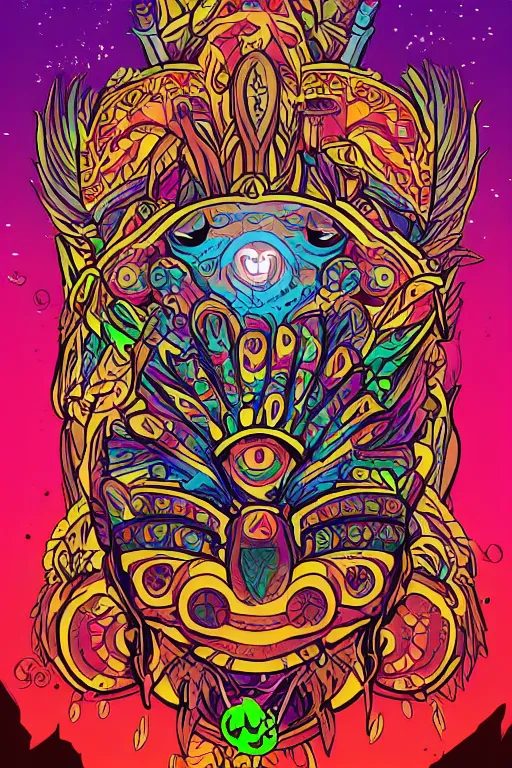 Image similar to animal mask totem roots flower tribal feather gemstone plant wood rock shaman vodoo video game vector cutout illustration vivid multicolor borderlands comics by josan gonzales and dan mumford radiating a glowing aura