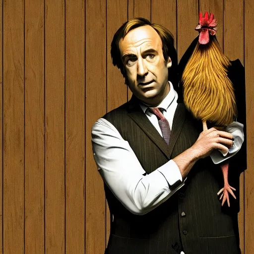 Image similar to saul goodman and a rooster in a saw movie torture chamber, saw movie jigsaw background, saul goodman, rooster, photo