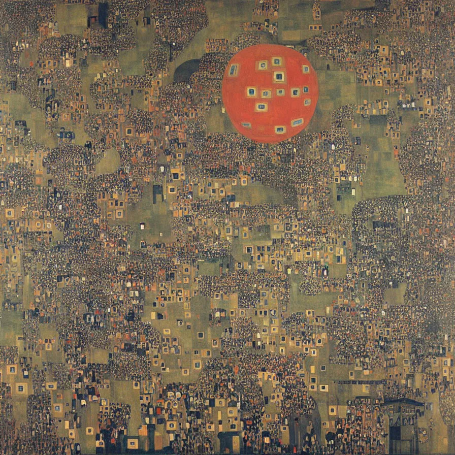 Image similar to “a large group of people wearing gas masks a running up a hill chasing a large red sphere . In the background we see large smokestacks spewing smoke. a painting by gustav klimt ”