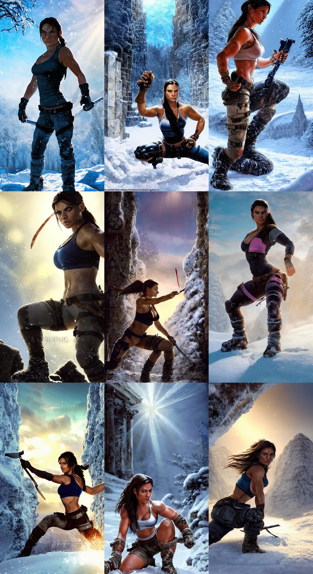 Image similar to epic portrait of muscled Mila Kunis as Lara Croft kneeling in deep snow, ancient ruins, blue hue prism, sun rays through snow, pink golden hour, wind swept snow, intricate, highly detailed, shallow depth of field, epic vista, Ralph Horsley, Daniel F. Gerhartz, Artgerm, Boris Villajo, Lilia Alvarado