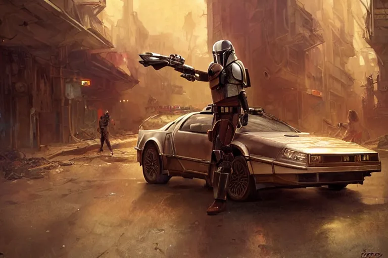 Prompt: photograph of the mandalorian entering a delorean driving down the streets of a cyberpunk abandoned city, wing doors are lifted, by greg rutkowski, by stanley artgerm, by alphonse mucha