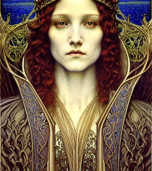 Image similar to detailed realistic beautiful young medieval queen face portrait by jean delville, gustave dore and marco mazzoni, art nouveau, symbolist, visionary, gothic, pre - raphaelite. horizontal symmetry