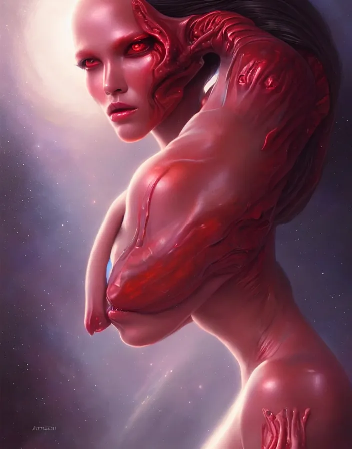 Image similar to a beautiful alien woman with ruby skin, painted by artgerm and tom bagshaw, fantasy art, dramatic lighting, highly detailed oil painting