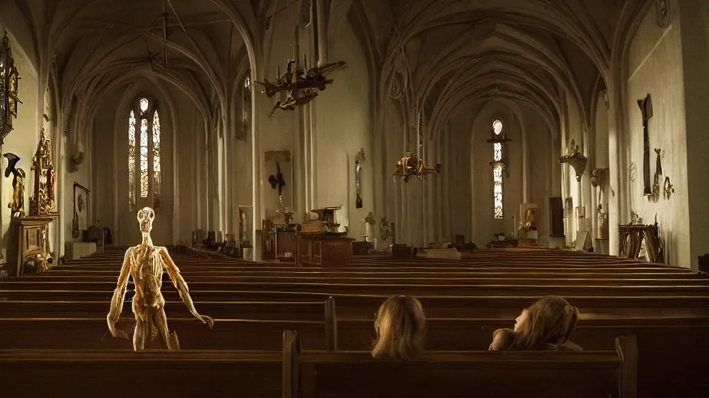 Image similar to the strange creature in church, made of wax and water, film still from the movie directed by Denis Villeneuve with art direction by Salvador Dalí, middle balanced, wide lens