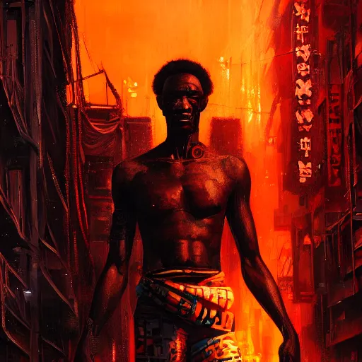 Image similar to shaka zulu as a cybperpunk gangster, eating fire in the neon ghetto, by greg rutkowski and android jones in a surreal portrait style, cyberpunk, oil on canvas, 8k