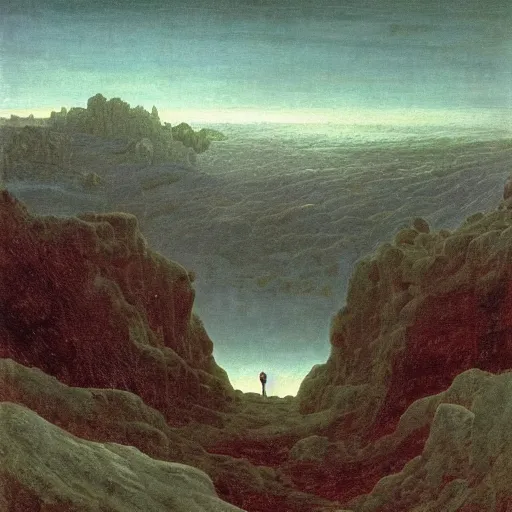 Image similar to wanderer above the sea of fog, but over the pits of hell syle of caspar david friedrich