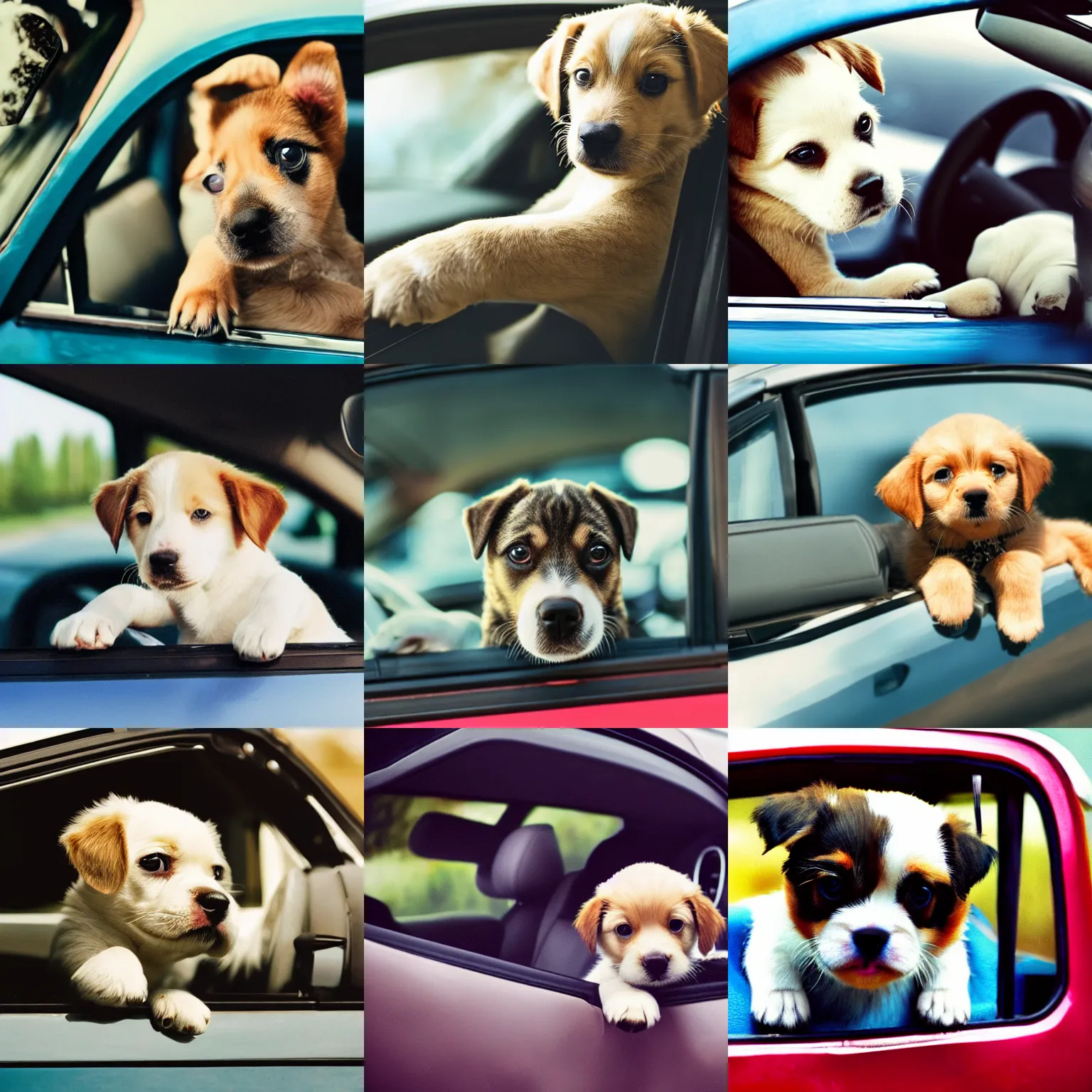 Image similar to cute puppy driving a car, film still, cinematic lens, realistic