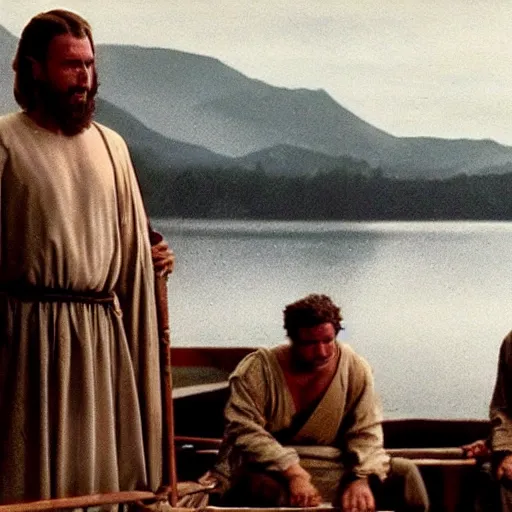 Image similar to Cinematic still of Stunned Men in 1st century clothing standing on a boat, looking in shock at the calm water, peaceful, epic directed by Ridley Scott