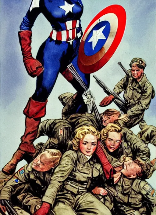 Image similar to beautiful female captain america standing on a pile of defeated german soldiers. feminist captain america wins wwii. american wwii propaganda poster by james gurney