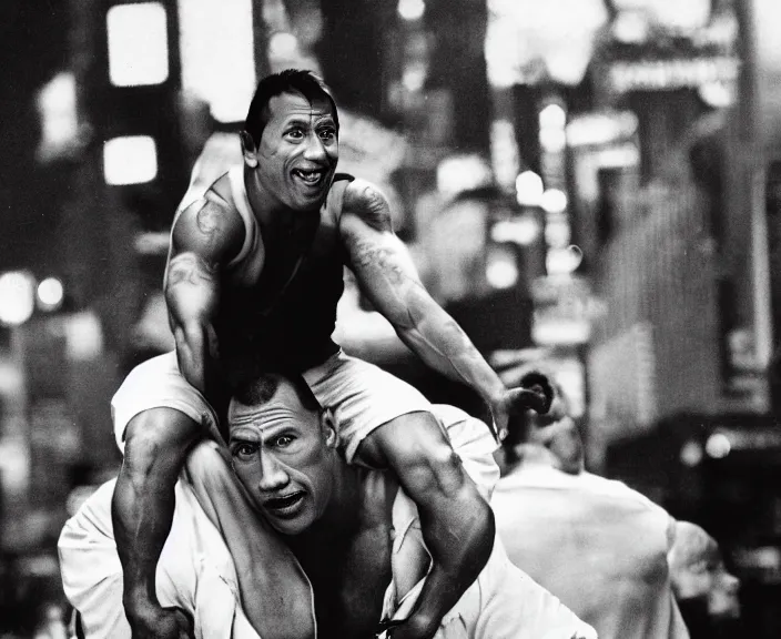 Image similar to Dwayne the Rock Johnson riding on the back of Adam Sandler, doing Methamphetamine at Times Square, photograph by Alfred Eisenstaedt, 4K, dramatic lighting; 4K 8K