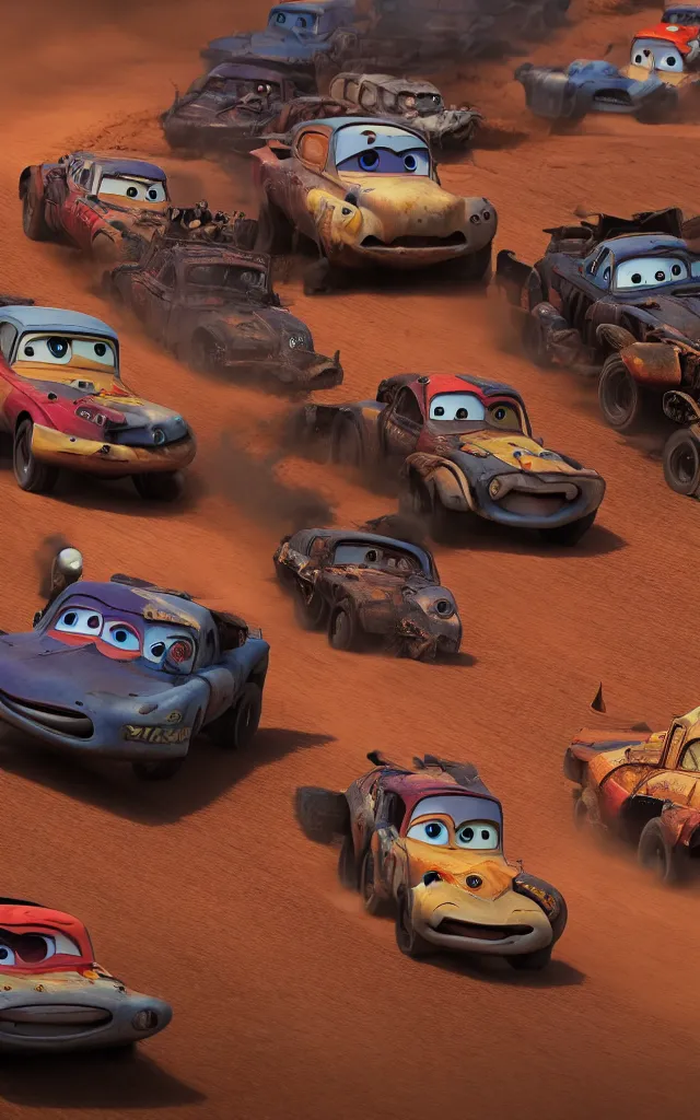 Image similar to pixar cars racing fast in the world of mad max fury road. pixar eyes. 4 k ultra detailed