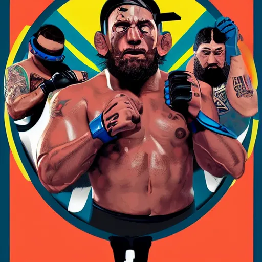 Image similar to poster art of wrestlers wearing vr headsets, gta cover, apex legends, tap out, ufc, digital illustration by sam spratt