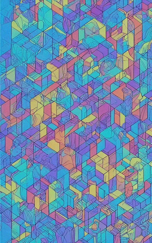 Image similar to cubes and tesseracts. retro art by jean giraud. pastel colors.