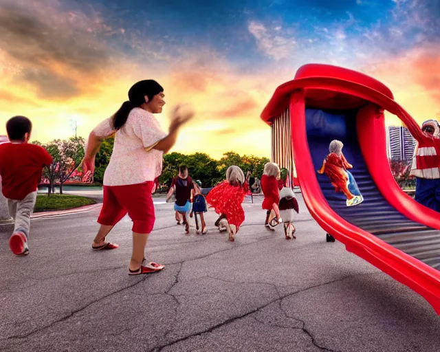 Image similar to Hispanic Granny In A Red MuMu Throwing A Slide Sandal At A Bunch Of Kids Running Away From Her, Anime Style, Manga Style, 8K, HDR, San Antonio Texas Cityscape Sunset, HDR, volumetric lighting, Hyperrealistic-H 960