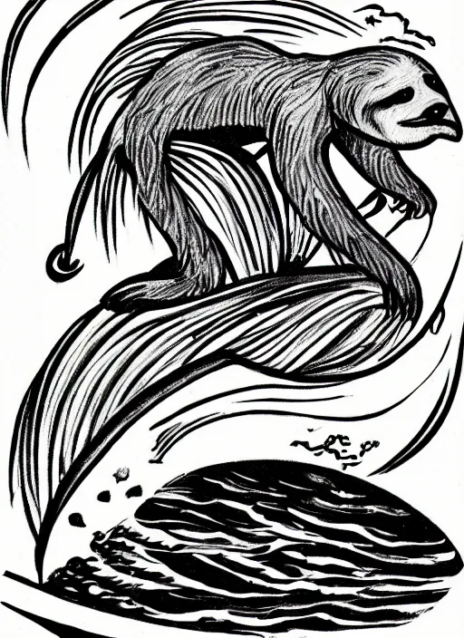 Prompt: beautiful cartoon professional drawing black ink of sloth riding surfboard