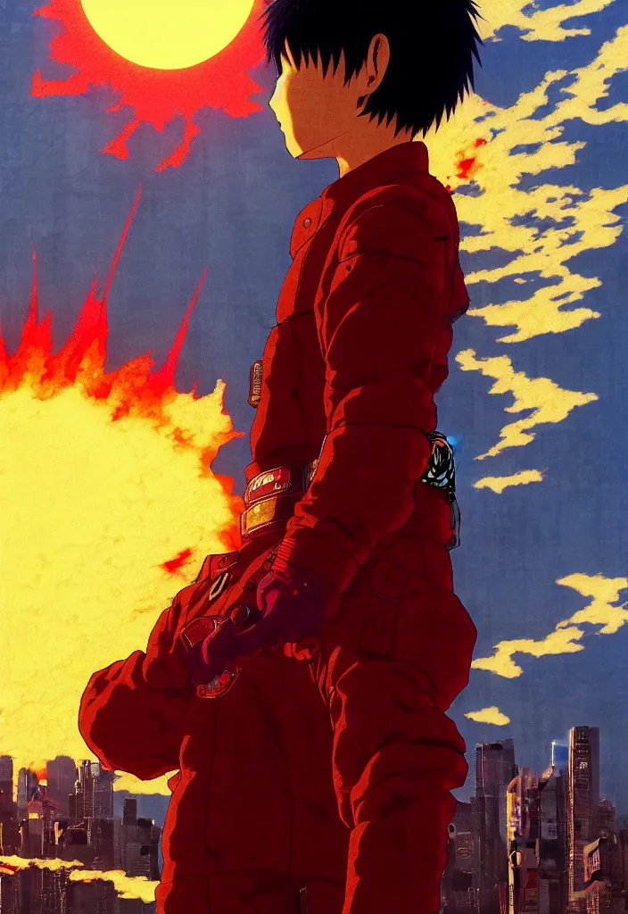 Image similar to detailed anime character portrait of kaneda from akira by katsuhiro otomo, silhouetted by a burning sun in neo - tokyo | anime, matte painting, dystopian megacity neo - tokyo, perfect, fine details, realistic, shaded, lighting, akira, artgerm, jeremy lipkin and michael garmash and rob rey