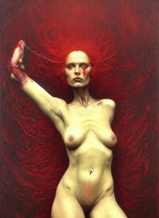 Prompt: hyper realistic painting of the red hand, in the style of wayne barlowe, gustav moreau, goward, gaston bussiere and roberto ferri, santiago caruso, and austin osman spare, bouguereau, mucha, saturno butto, sorayama. occult art, alchemical diagram