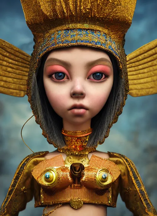 Prompt: closeup portrait of tin toy cleopatra bikin girl trap, depth of field, zeiss lens, detailed, symmetrical, centered, fashion photoshoot, by nicoletta ceccoli, mark ryden, lostfish, breathtaking, 8 k resolution, extremely detailed, beautiful, establishing shot, artistic, hyperrealistic, octane render